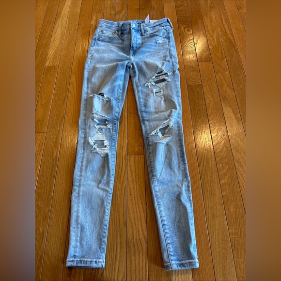New NWT American Eagle Stretch High Rise Jeggings Denim Jeans Sz 2 26 Distressed - Picture 1 of 7